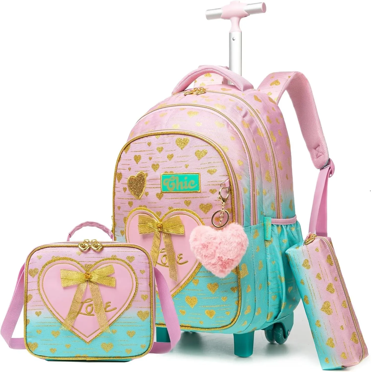 3PCS School Bags for Girls Travel Rolling Backpack School Trolley Bag Set with Lunch Bag Kids Wheeled Bookbag Carry on Children