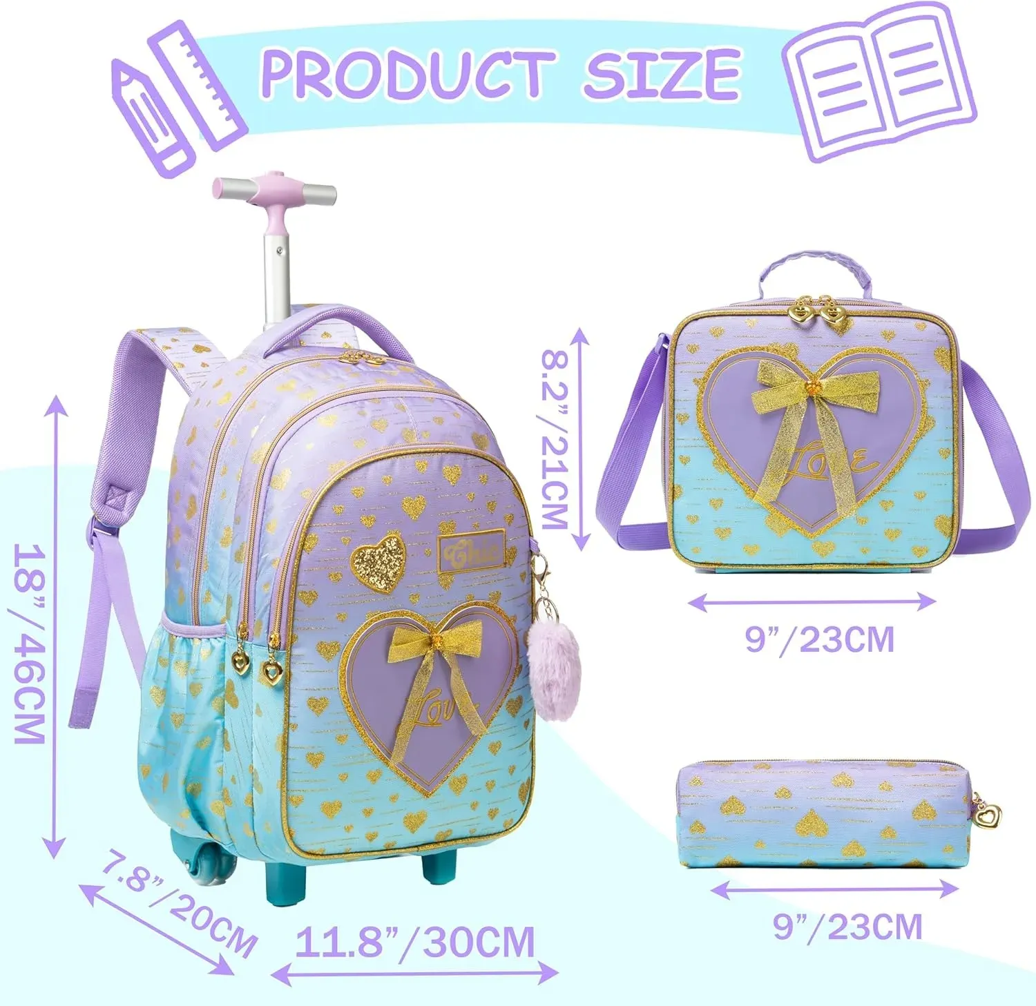 3PCS School Bags for Girls Travel Rolling Backpack School Trolley Bag Set with Lunch Bag Kids Wheeled Bookbag Carry on Children