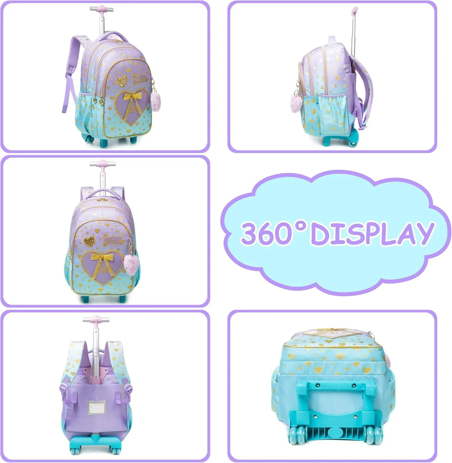 3PCS School Bags for Girls Travel Rolling Backpack School Trolley Bag Set with Lunch Bag Kids Wheeled Bookbag Carry on Children