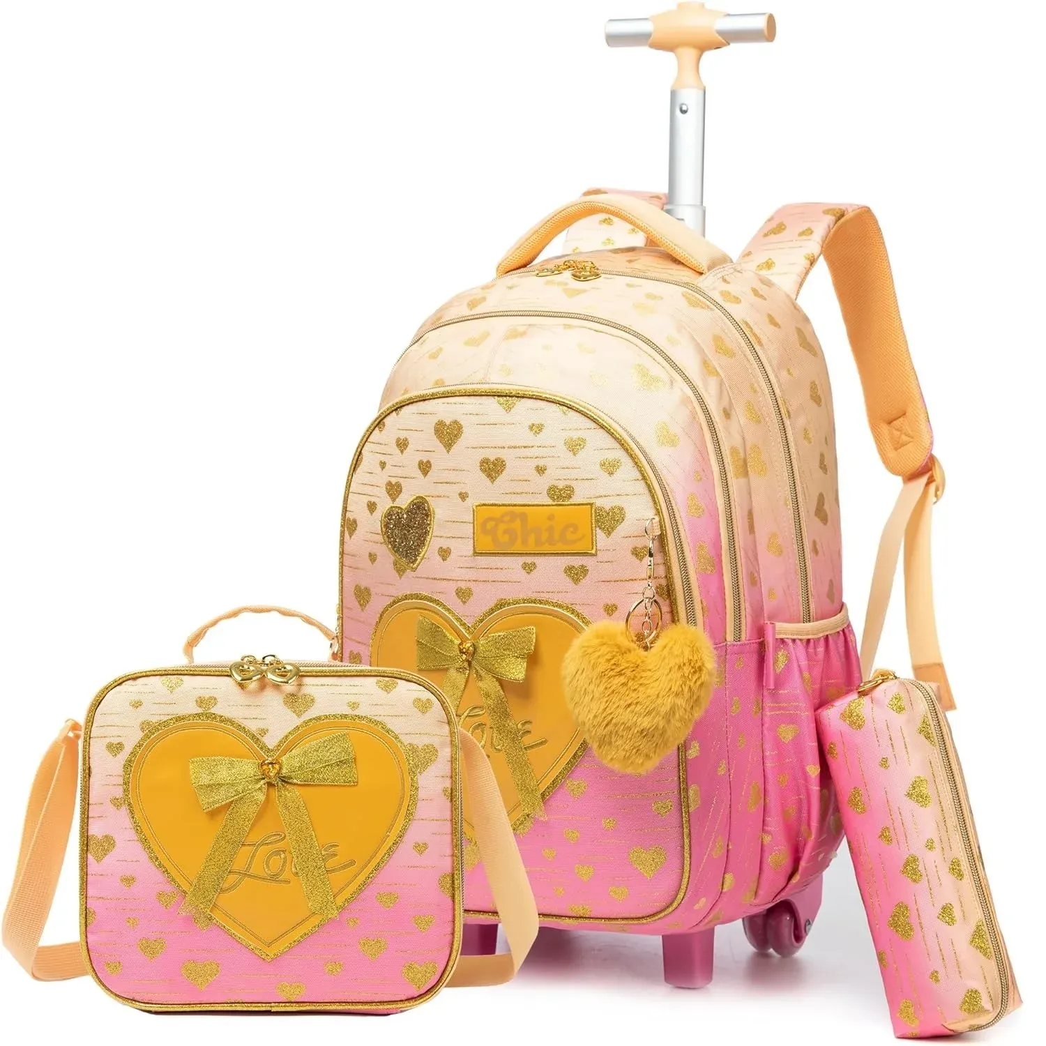 3PCS School Bags for Girls Travel Rolling Backpack School Trolley Bag Set with Lunch Bag Kids Wheeled Bookbag Carry on Children