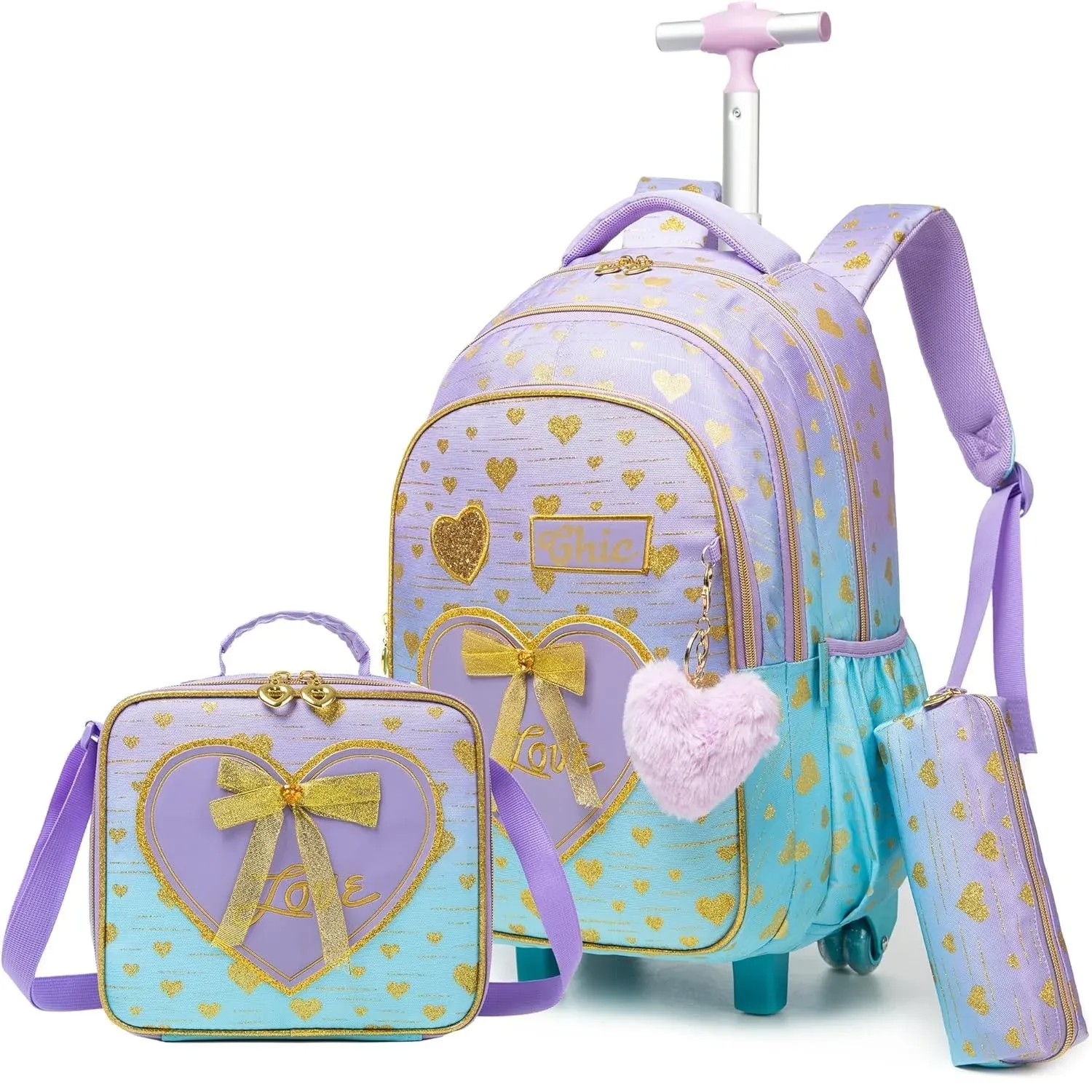 3PCS School Bags for Girls Travel Rolling Backpack School Trolley Bag Set with Lunch Bag Kids Wheeled Bookbag Carry on Children