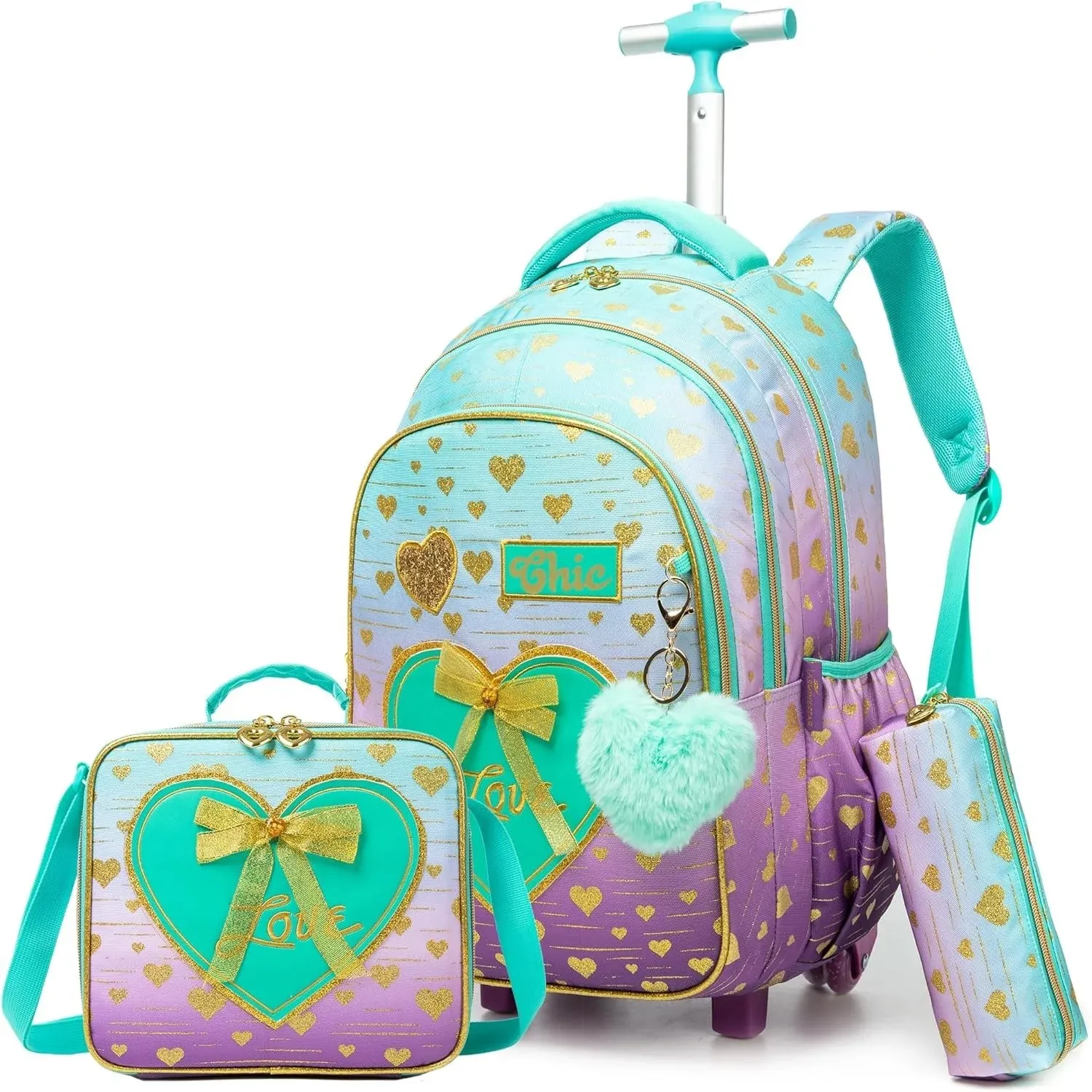 3PCS School Bags for Girls Travel Rolling Backpack School Trolley Bag Set with Lunch Bag Kids Wheeled Bookbag Carry on Children