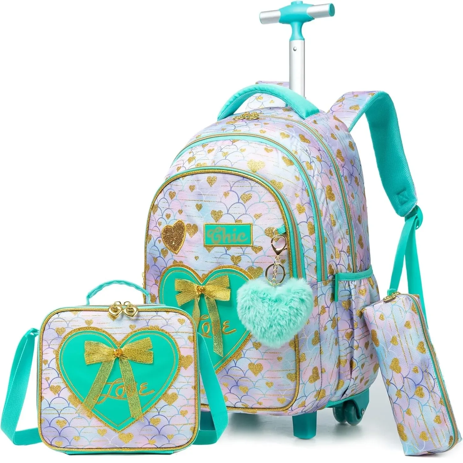 3PCS School Bags for Girls Travel Rolling Backpack School Trolley Bag Set with Lunch Bag Kids Wheeled Bookbag Carry on Children