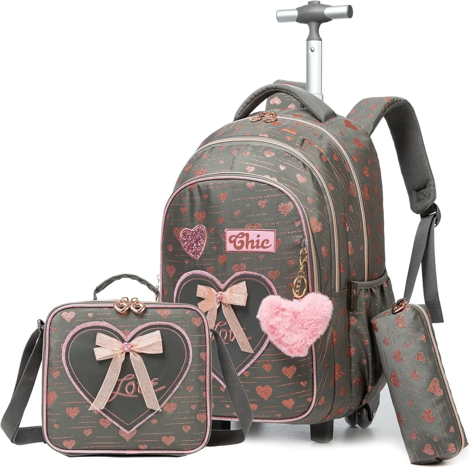 3PCS School Bags for Girls Travel Rolling Backpack School Trolley Bag Set with Lunch Bag Kids Wheeled Bookbag Carry on Children