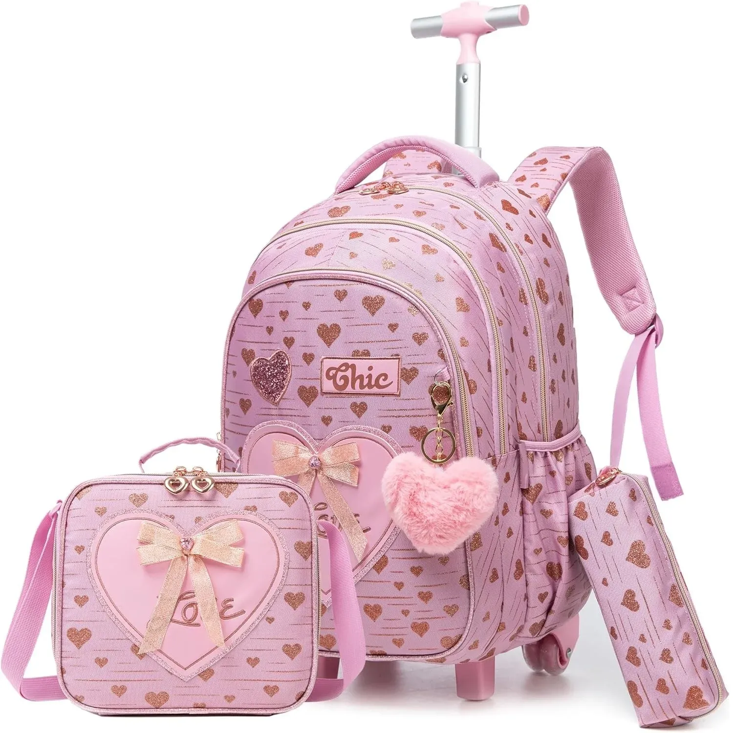 3PCS School Bags for Girls Travel Rolling Backpack School Trolley Bag Set with Lunch Bag Kids Wheeled Bookbag Carry on Children