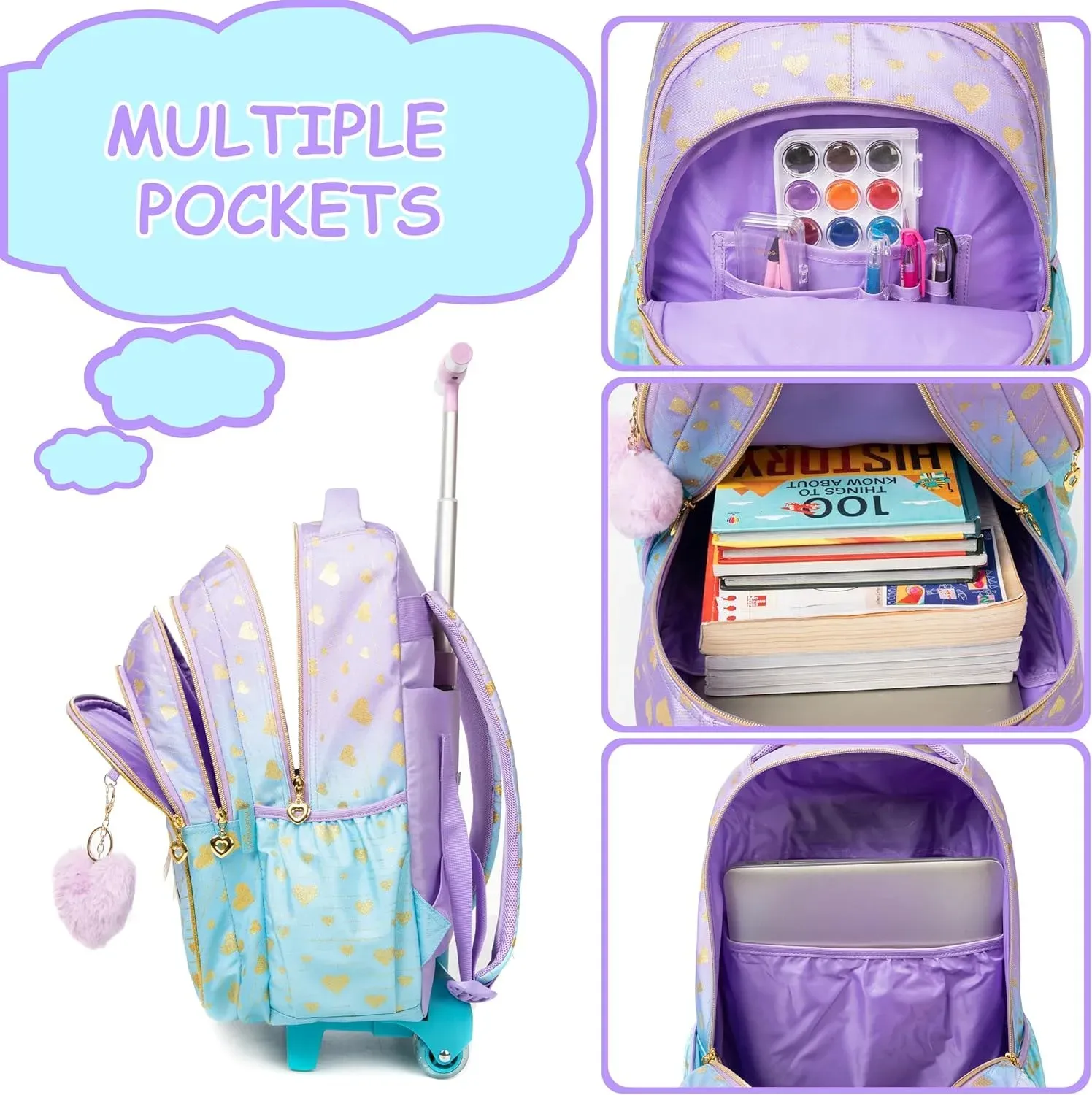 3PCS School Bags for Girls Travel Rolling Backpack School Trolley Bag Set with Lunch Bag Kids Wheeled Bookbag Carry on Children