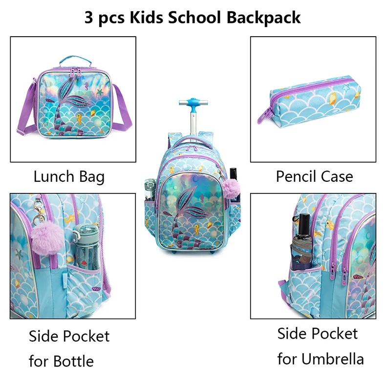 Children's Rolling Backpack Set Wheeled Schoolbag Kids Backpack with Insulated Lunch Bag and Pencil Case for Boys and Girls Bags