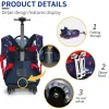 3PCS Rolling Backpack for boys Kids Wheeled School BookBag With Lunch And Pen Bag blue soccer design Glow-in-the-dark Function