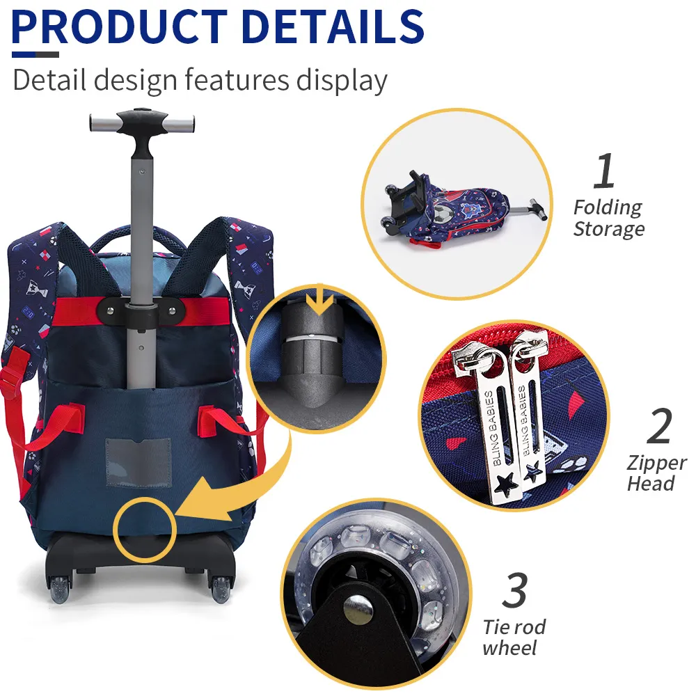 3PCS Rolling Backpack for boys Kids Wheeled School BookBag With Lunch And Pen Bag blue soccer design Glow-in-the-dark Function