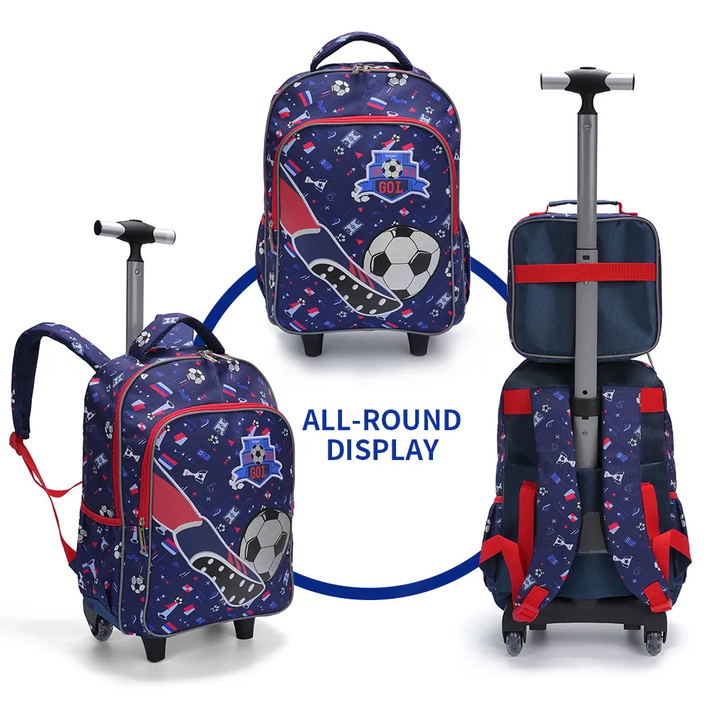 3PCS Rolling Backpack for boys Kids Wheeled School BookBag With Lunch And Pen Bag blue soccer design Glow-in-the-dark Function