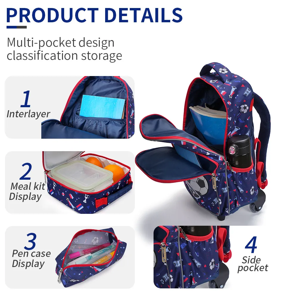 3PCS Rolling Backpack for boys Kids Wheeled School BookBag With Lunch And Pen Bag blue soccer design Glow-in-the-dark Function