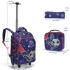 3PCS Rolling Backpack for boys Kids Wheeled School BookBag With Lunch And Pen Bag blue soccer design Glow-in-the-dark Function