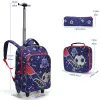 3PCS Rolling Backpack for boys Kids Wheeled School BookBag With Lunch And Pen Bag blue soccer design Glow-in-the-dark Function