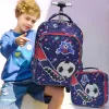 3PCS Rolling Backpack for boys Kids Wheeled School BookBag With Lunch And Pen Bag blue soccer design Glow-in-the-dark Function
