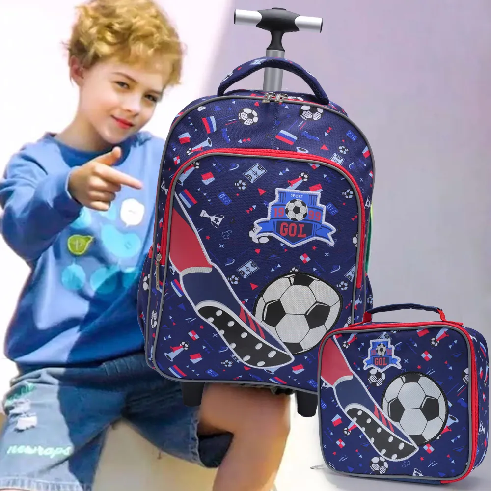 3PCS Rolling Backpack for boys Kids Wheeled School BookBag With Lunch And Pen Bag blue soccer design Glow-in-the-dark Function