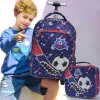 3PCS Rolling Backpack for boys Kids Wheeled School BookBag With Lunch And Pen Bag blue soccer design Glow-in-the-dark Function
