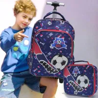 3PCS Rolling Backpack for boys Kids Wheeled School BookBag With Lunch And Pen Bag blue soccer design Glow-in-the-dark Function