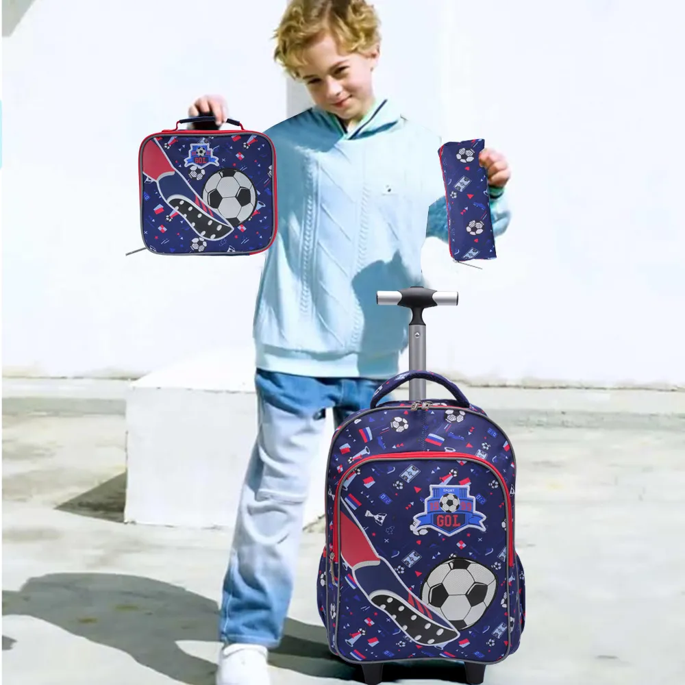 3PCS Rolling Backpack for boys Kids Wheeled School BookBag With Lunch And Pen Bag blue soccer design Glow-in-the-dark Function