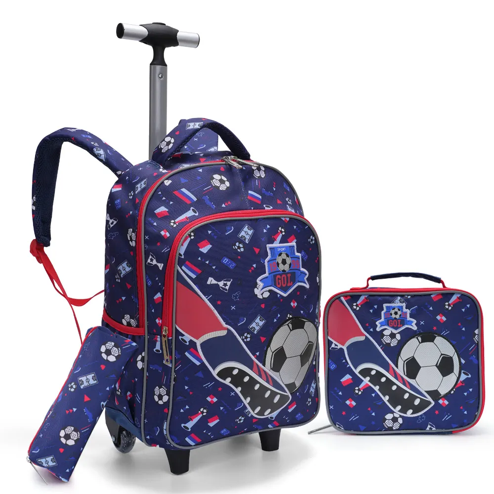 3PCS Rolling Backpack for boys Kids Wheeled School BookBag With Lunch And Pen Bag blue soccer design Glow-in-the-dark Function