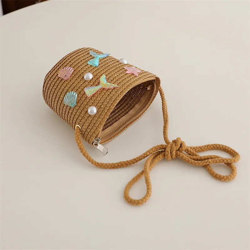 Children's Straw Woven Summer Crossbody Bag Cute Girl Coin Wallet Shoulder Bag Colorful Shells Fish Tail Zero Wallet Kids Gifts