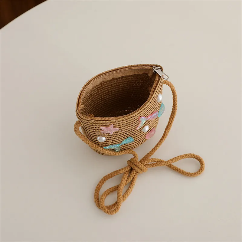 Children's Straw Woven Summer Crossbody Bag Cute Girl Coin Wallet Shoulder Bag Colorful Shells Fish Tail Zero Wallet Kids Gifts