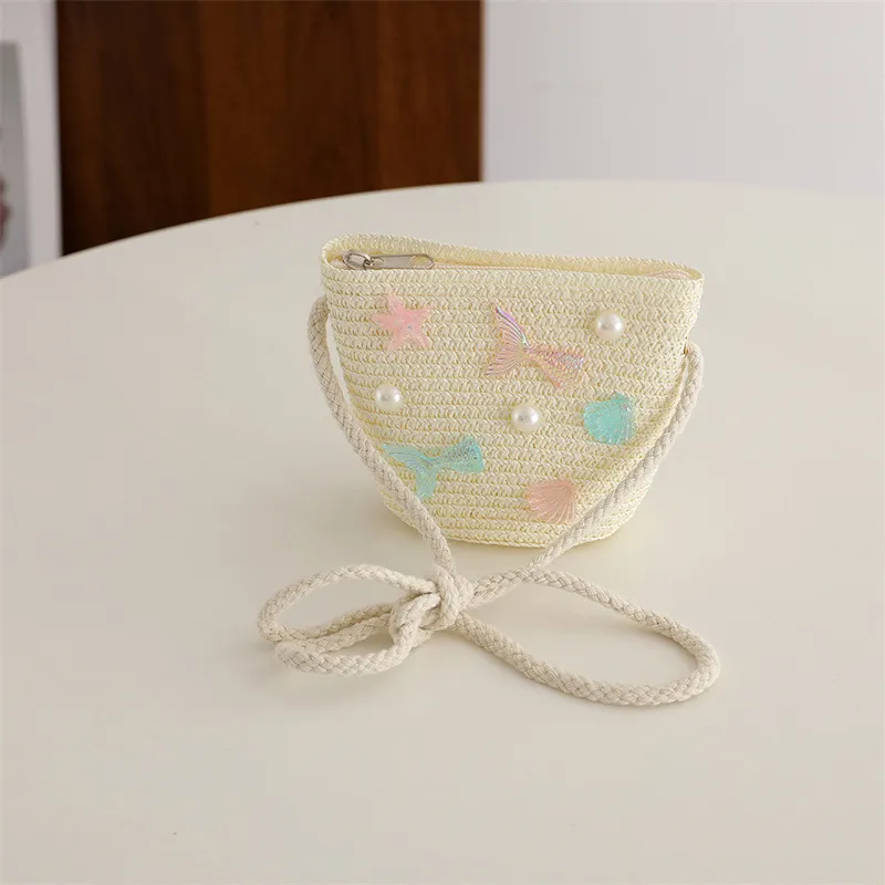 Children's Straw Woven Summer Crossbody Bag Cute Girl Coin Wallet Shoulder Bag Colorful Shells Fish Tail Zero Wallet Kids Gifts