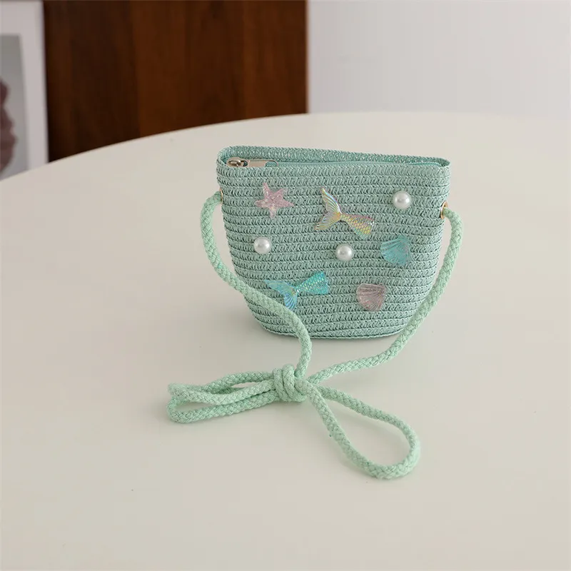 Children's Straw Woven Summer Crossbody Bag Cute Girl Coin Wallet Shoulder Bag Colorful Shells Fish Tail Zero Wallet Kids Gifts