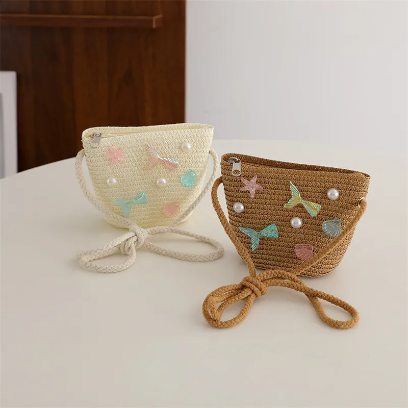 Children's Straw Woven Summer Crossbody Bag Cute Girl Coin Wallet Shoulder Bag Colorful Shells Fish Tail Zero Wallet Kids Gifts