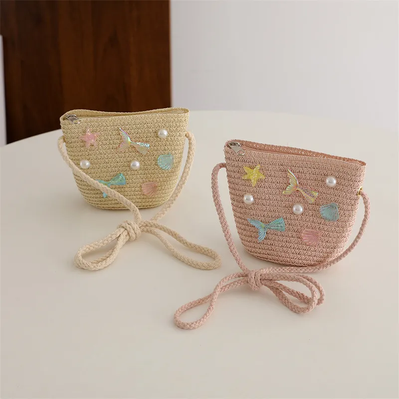 Children's Straw Woven Summer Crossbody Bag Cute Girl Coin Wallet Shoulder Bag Colorful Shells Fish Tail Zero Wallet Kids Gifts