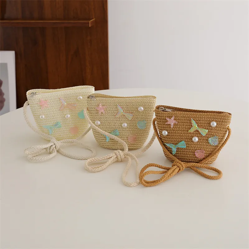 Children's Straw Woven Summer Crossbody Bag Cute Girl Coin Wallet Shoulder Bag Colorful Shells Fish Tail Zero Wallet Kids Gifts