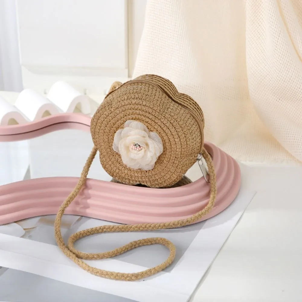 Children's Straw Small Shoulder Bag Woven Cute Flower Baby Girls Purse Handbag Mini Round Hand Made Beach Crossboay Bag