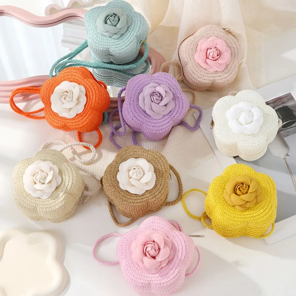 Children's Straw Small Shoulder Bag Woven Cute Flower Baby Girls Purse Handbag Mini Round Hand Made Beach Crossboay Bag