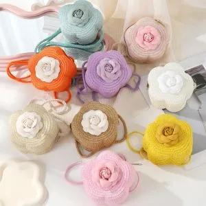 Children's Straw Small Shoulder Bag Woven Cute Flower Baby Girls Purse Handbag Mini Round Hand Made Beach Crossboay Bag