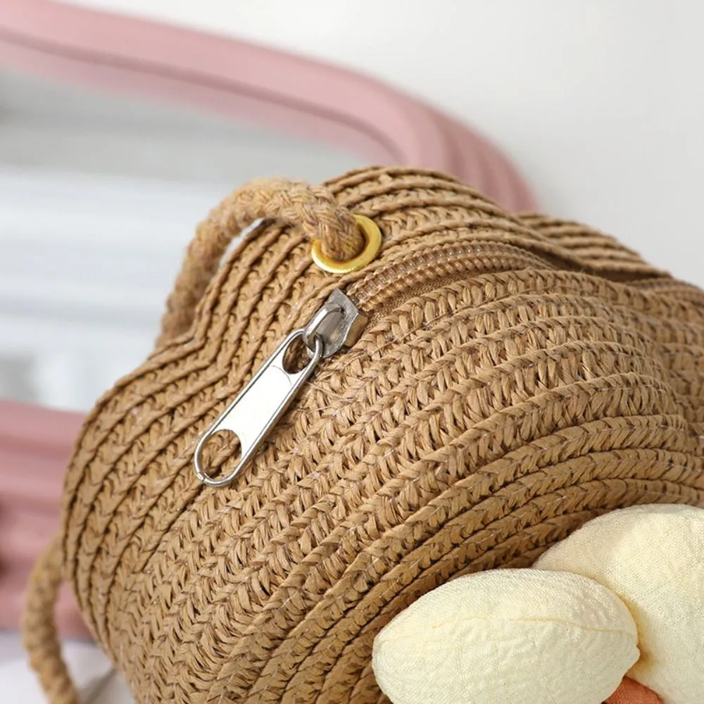 Children's Straw Small Shoulder Bag Woven Cute Flower Baby Girls Purse Handbag Mini Round Hand Made Beach Crossboay Bag