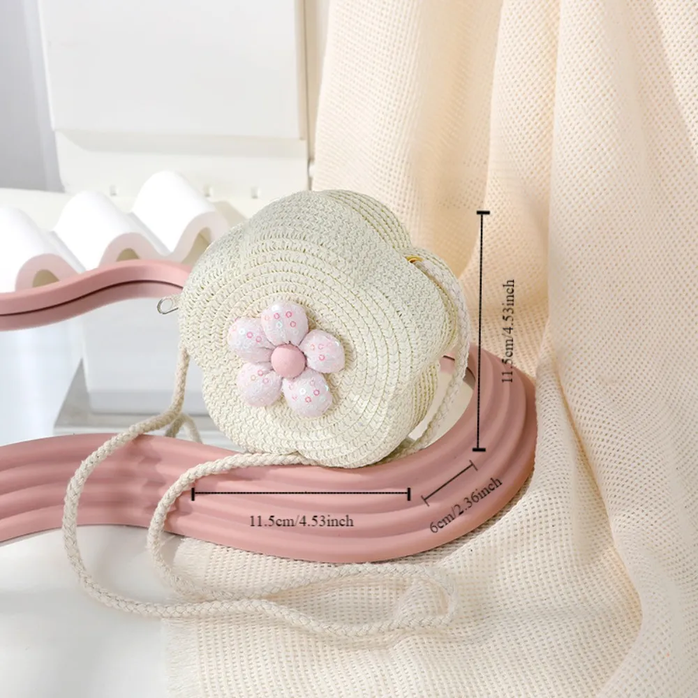 Children's Straw Small Shoulder Bag Woven Cute Flower Baby Girls Purse Handbag Mini Round Hand Made Beach Crossboay Bag