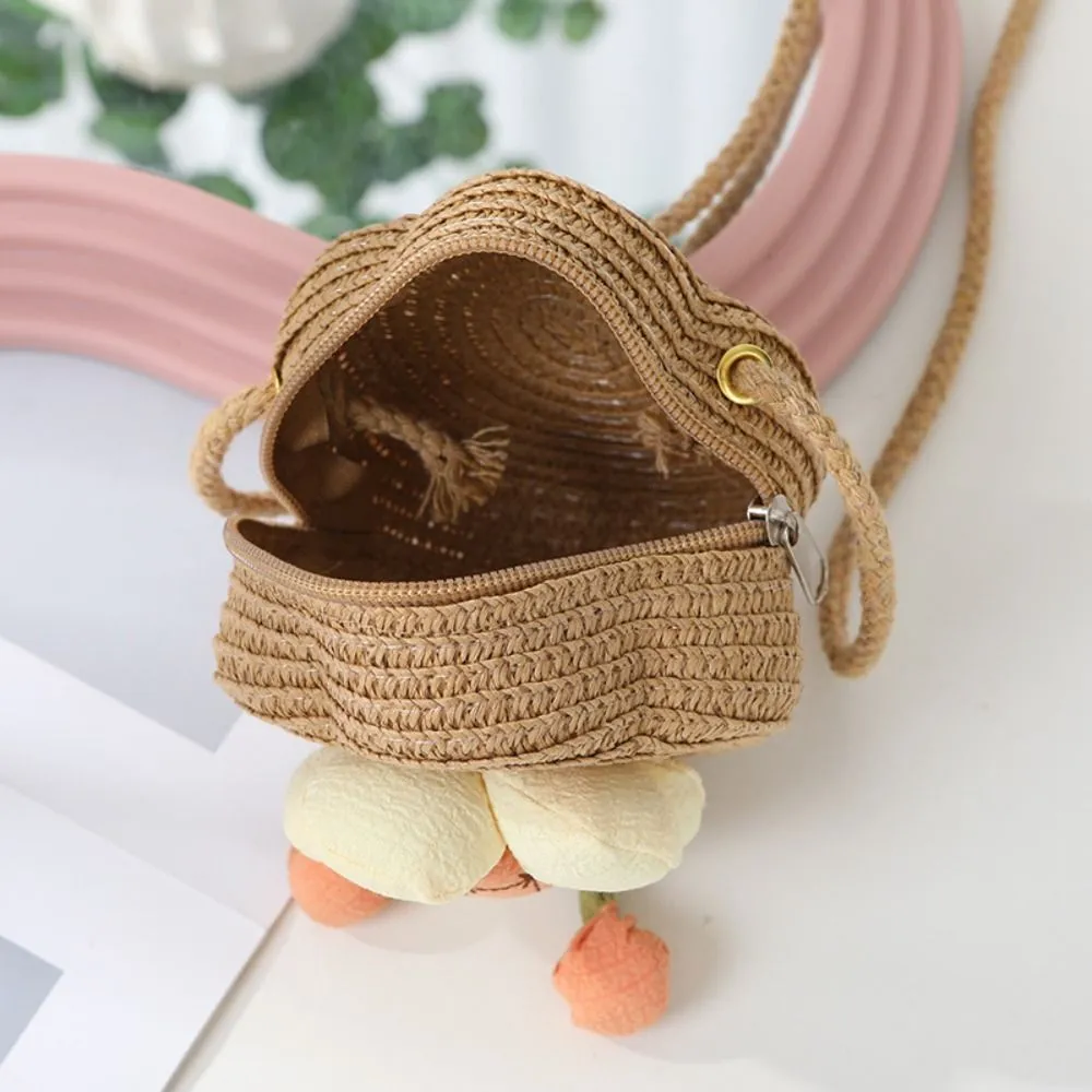 Children's Straw Small Shoulder Bag Woven Cute Flower Baby Girls Purse Handbag Mini Round Hand Made Beach Crossboay Bag