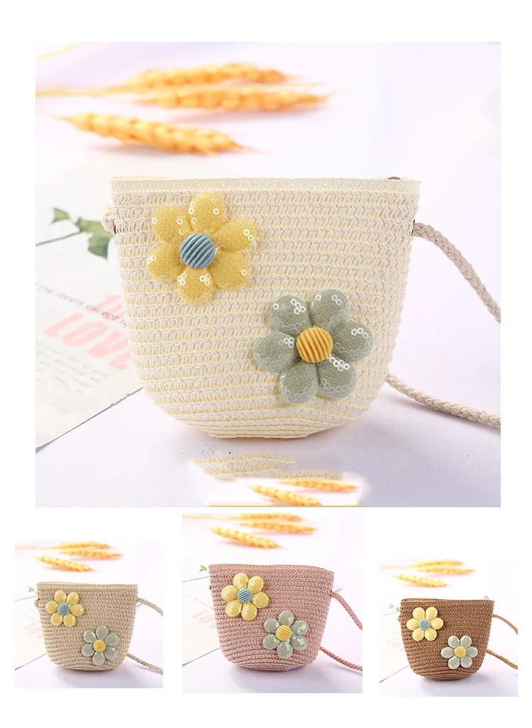 New 2022 Summer Children Girls Shoulder Bag Daisy Flower Straw Bag Messenger Bag Kids Keys Coin Purse Cute Princess Mini Handbag