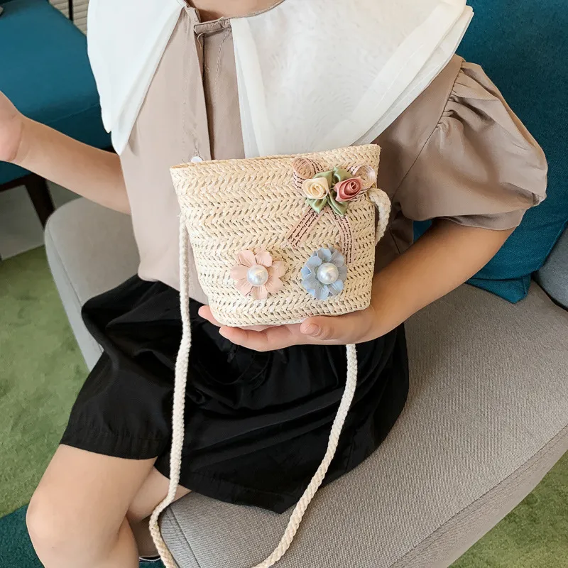 New 2022 Summer Children Girls Shoulder Bag Daisy Flower Straw Bag Messenger Bag Kids Keys Coin Purse Cute Princess Mini Handbag