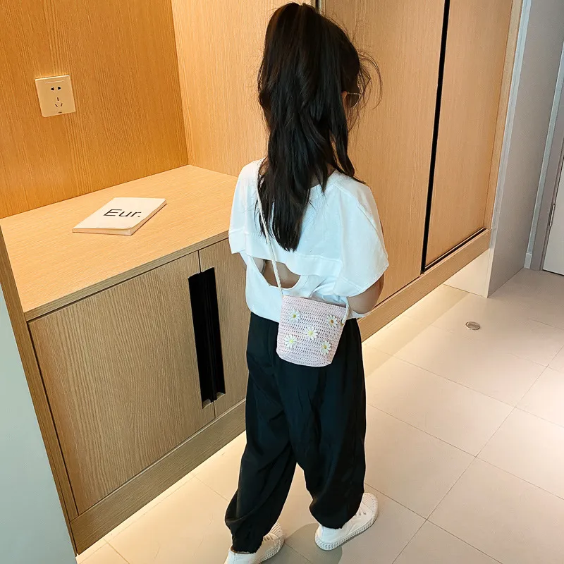 New 2022 Summer Children Girls Shoulder Bag Daisy Flower Straw Bag Messenger Bag Kids Keys Coin Purse Cute Princess Mini Handbag