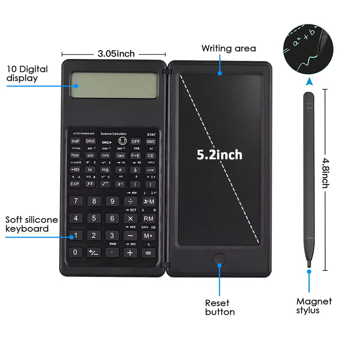 2-In-1 Foldable Scientific Calculator 10 Digital LCD Screen Writing Tablet Folding Drawing Pad With Stylus Pen For Student