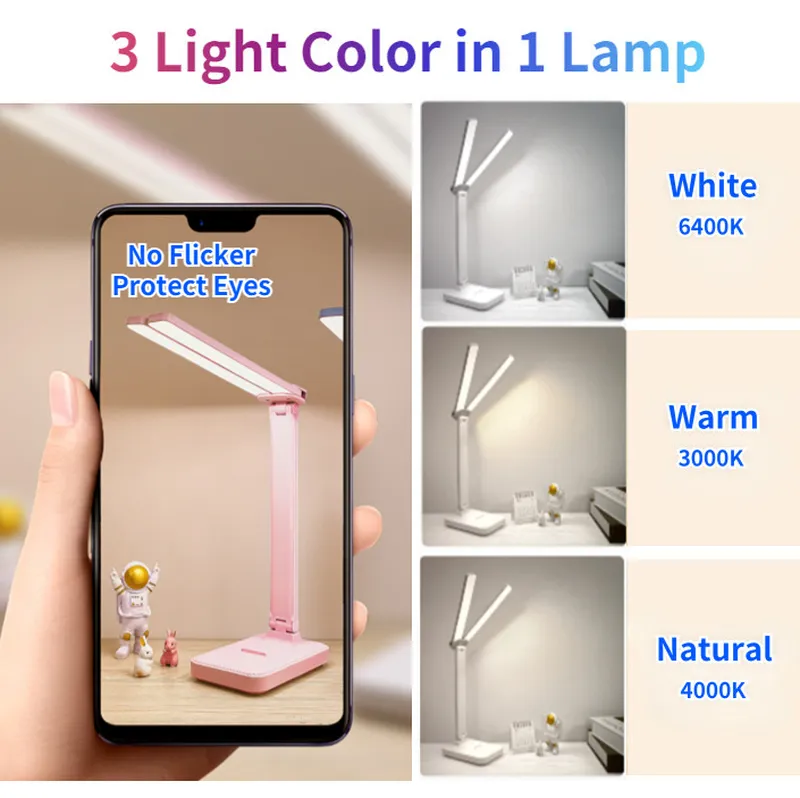 LED Desk Lamp USB Rechargeable Table Lamp 3 Levels Dimmable Touch Desk Lighting Eye Protection Foldable For Bedroom Desk Light