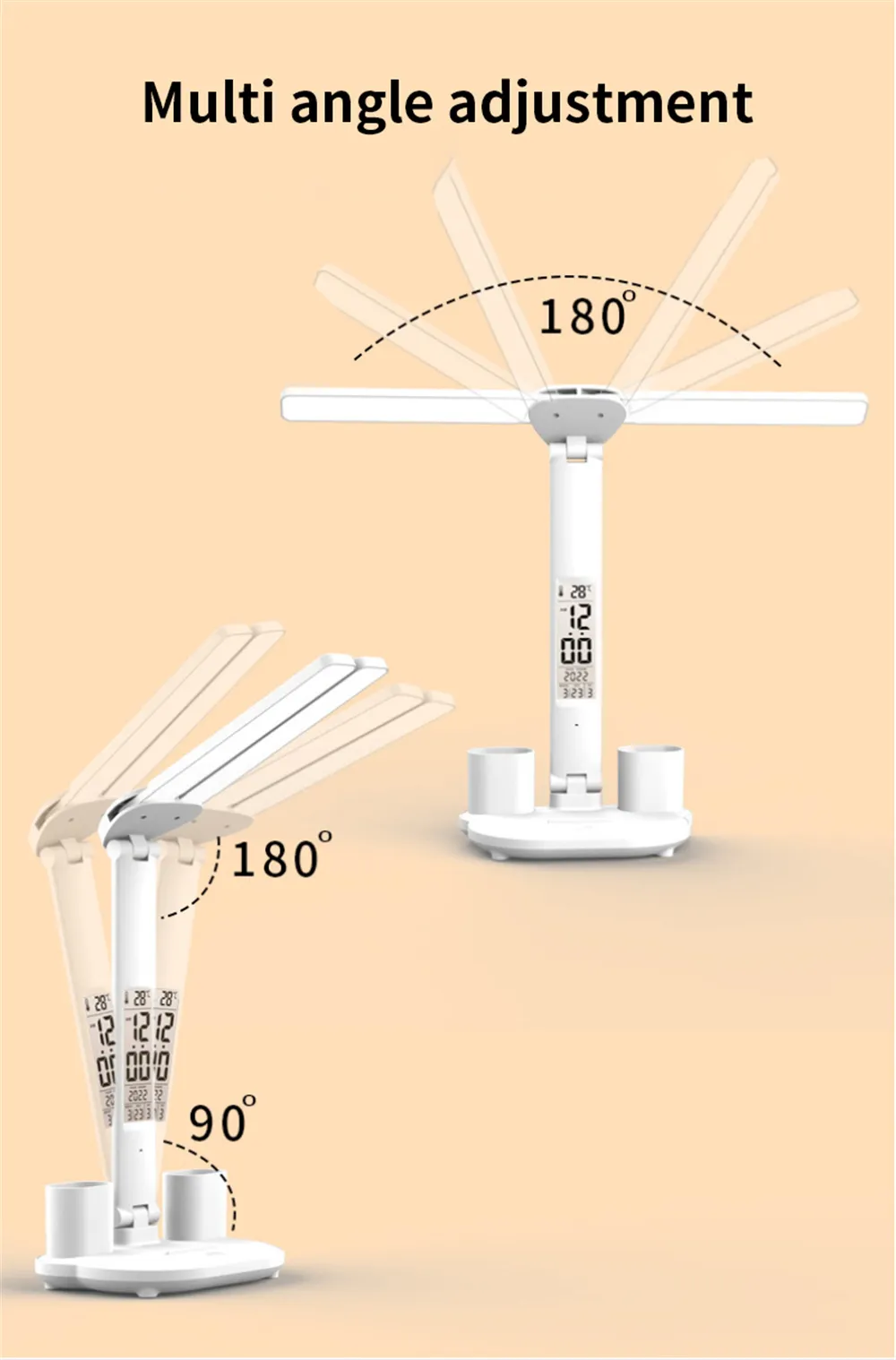 LED Desk Lamp USB Dimmable Touch Foldable Table Lamp with Calendar Temperature Clock Night Light for Study Reading Lamp