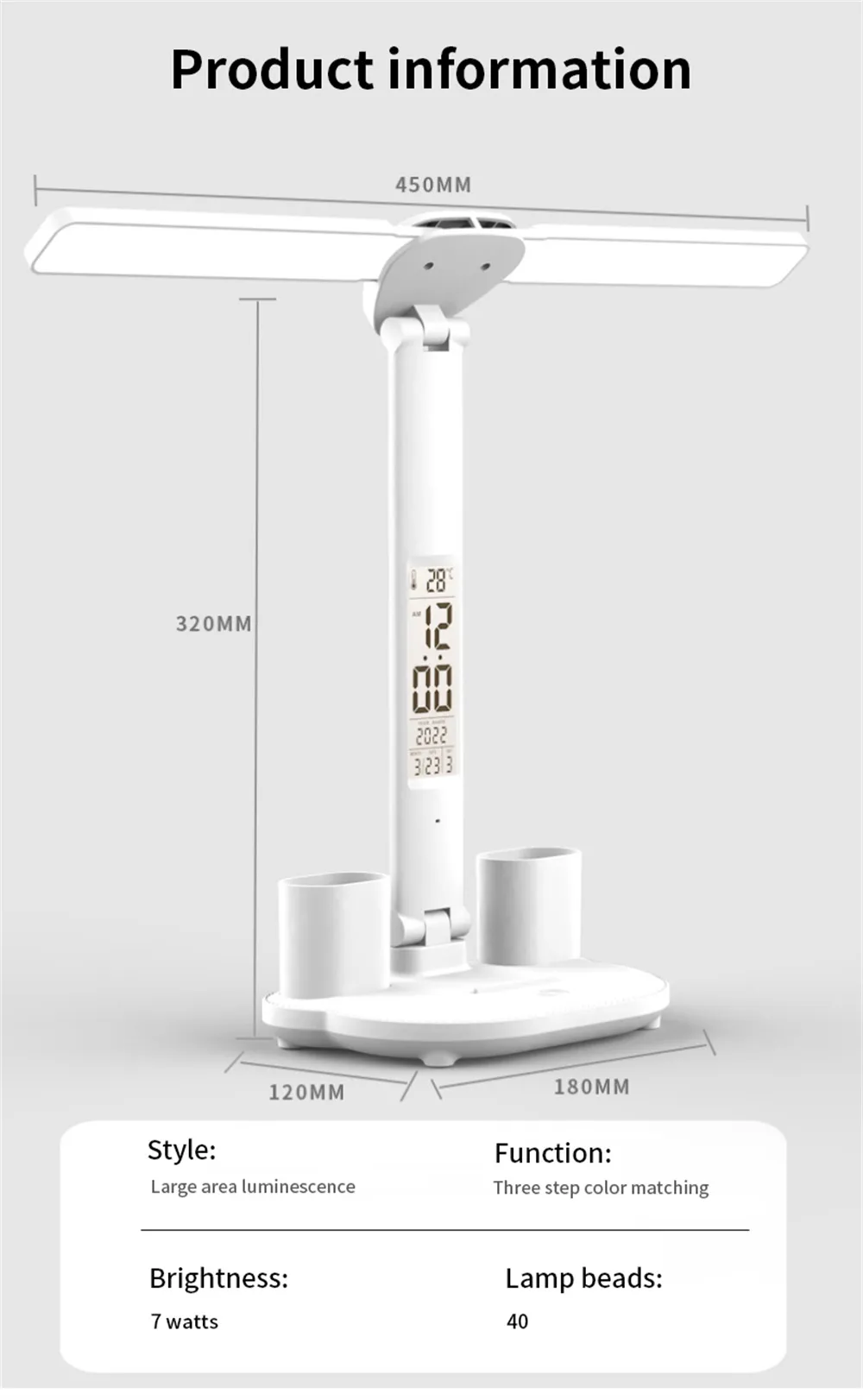 LED Desk Lamp USB Dimmable Touch Foldable Table Lamp with Calendar Temperature Clock Night Light for Study Reading Lamp