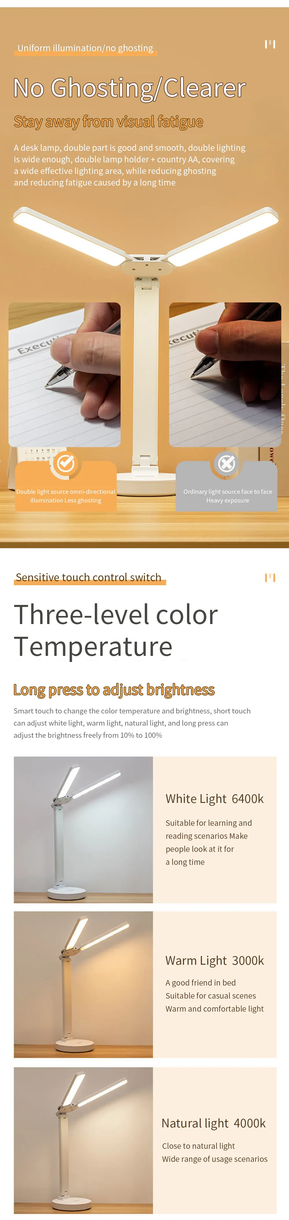 LED Desk Lamp USB Dimmable Touch Foldable Table Lamp with Calendar Temperature Clock Night Light for Study Reading Lamp