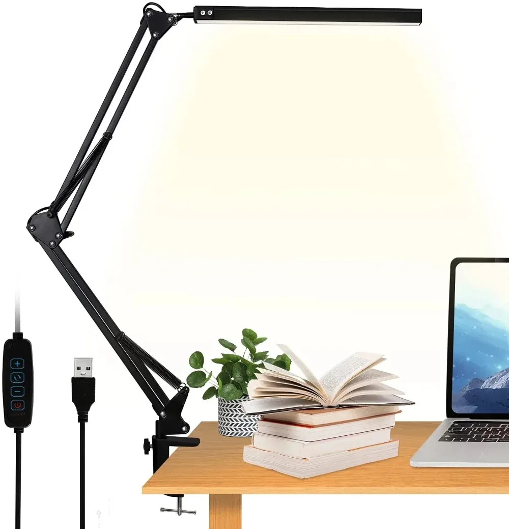 LED Folding Metal Desk Lamp Clip on Light Clamp Long Arm Diming Table Lamp 3 Colors Adjustable For Living Room Reading Computers