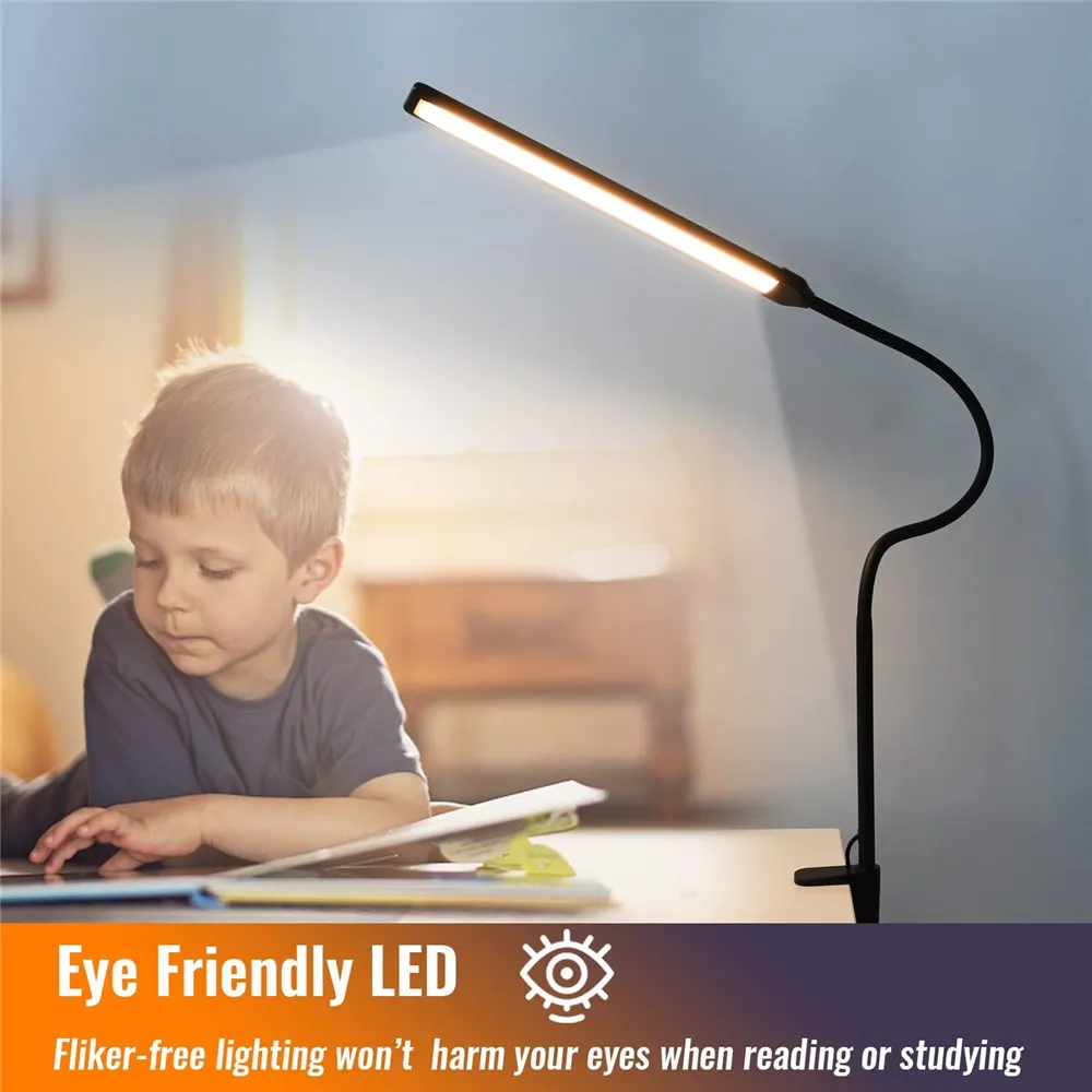 LED Desk Lamp Double Head 3 Colors Stepless Dimming for Home Office Adjustable Reading Light with Clamp for Home Office
