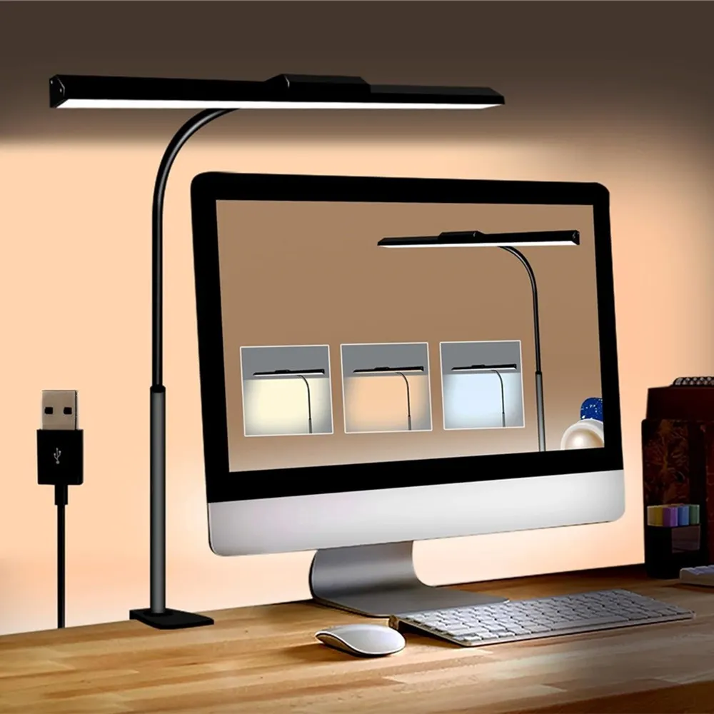 LED Desk Lamp Double Head 3 Colors Stepless Dimming for Home Office Adjustable Reading Light with Clamp for Home Office