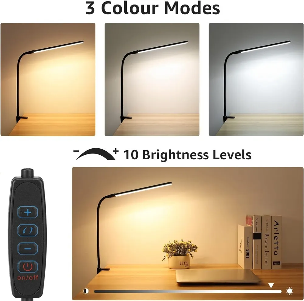 LED Desk Lamp Double Head 3 Colors Stepless Dimming for Home Office Adjustable Reading Light with Clamp for Home Office