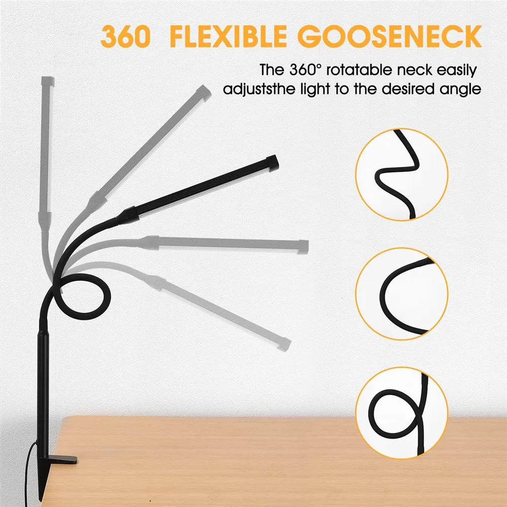 LED Desk Lamp Double Head 3 Colors Stepless Dimming for Home Office Adjustable Reading Light with Clamp for Home Office