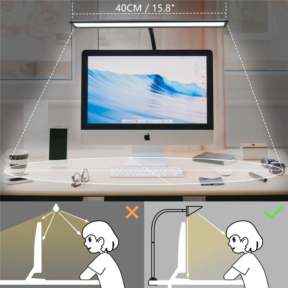 LED Desk Lamp Double Head 3 Colors Stepless Dimming for Home Office Adjustable Reading Light with Clamp for Home Office